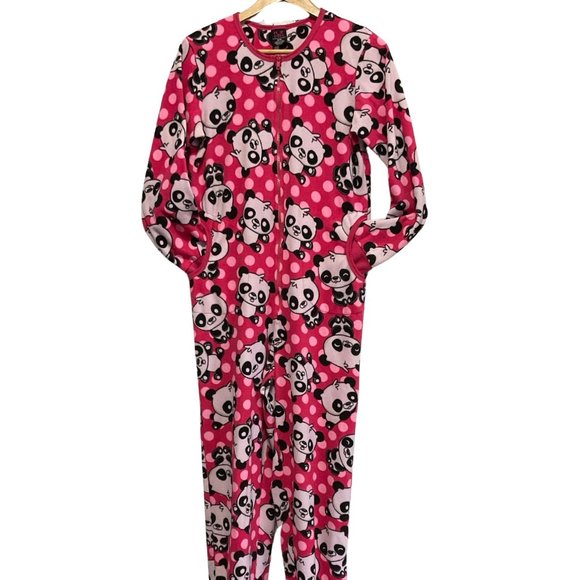 Pink Panda Print Footed Onesie w/ Panda Face Feet - Picture 1 of 3